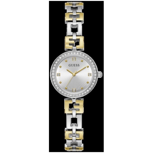 Guess Lady G Polished Silver Tone Case With Crystals Sunray Silver Dial And Polished Silver And Gold Tone Logo Bracelet With Adjustable G Links GW0656L1