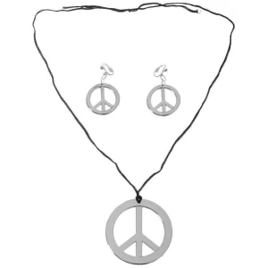 HIPPIE Necklace & Earring Set Peace Signs Party Costume Halloween 60s 70s - Silver