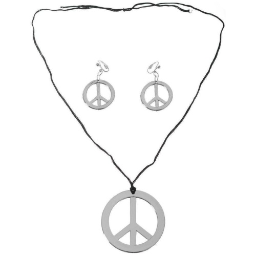 HIPPIE Necklace & Earring Set Peace Signs Party Costume Halloween 60s 70s - Silver