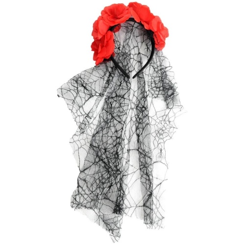 Halloween Day of the Dead Headband w/ Roses & Lace Veil Halloween Party Dress Up