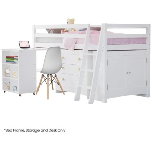 KINGSTON SLUMBER Wooden Kids Single Loft Bed Frame with Pull Out Desk, Storage Drawers, Cabinet - White