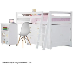 KINGSTON SLUMBER Wooden Kids Single Loft Bed Frame with Pull Out Desk, Storage Drawers, Cabinet - White