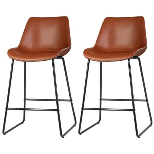 Kings Set of 2 Bar Stools Kitchen Metal Bar Stool Dining Chairs PU Leather Brown