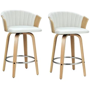 Kings Set of 2 Bar Stools Kitchen Stool Wooden Chair Swivel Chairs Leather White