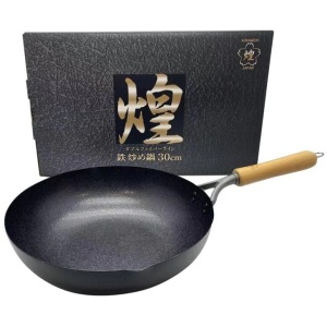 Kirameki Cast Iron Double Fiber Line Stir-fry Wok (Made in Japan) - 30cm
