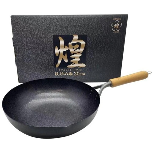 Kirameki Cast Iron Double Fiber Line Stir-fry Wok (Made in Japan) - 30cm