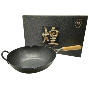 Kirameki Cast Iron Double Fiber Line Stir-fry Wok (Made in Japan) - 33cm
