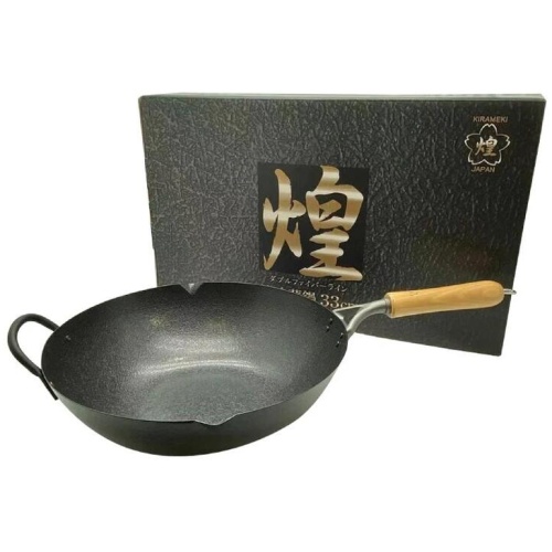 Kirameki Cast Iron Double Fiber Line Stir-fry Wok (Made in Japan) - 33cm