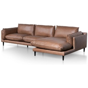 Lucio 4 Seater Right Chaise Leather Sofa - Saddle Brown - Last One by Interior Secrets - AfterPay Available