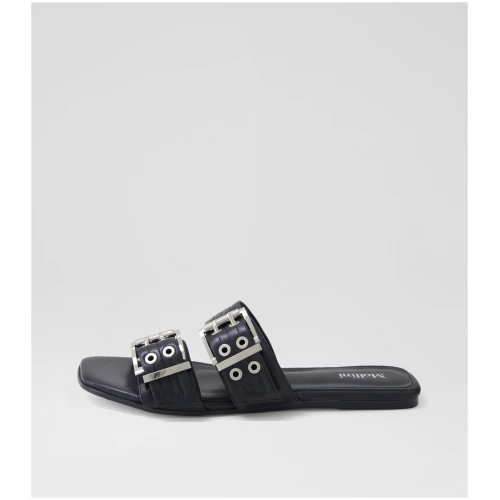 Mollini Lusta Mo Black Leather Black Sandals Womens Shoes Casual Sandals Flat Sandals