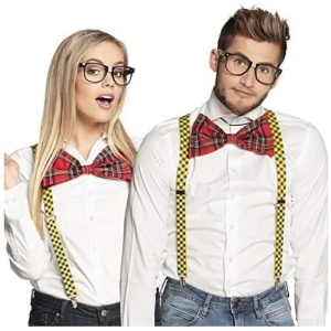 NERD COSTUME KIT Set Geek Glasses Fancy Dress Retro Funny Braces Bow Tie Party