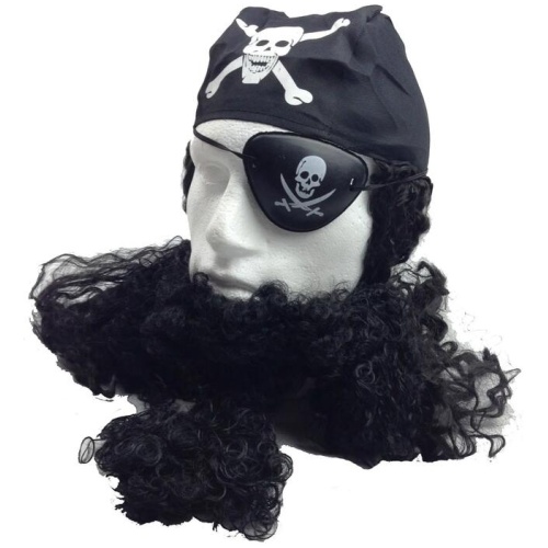 PIRATE WIG Costume Fancy Dress Caribbean with Bandana & Beard Party Eye Patch