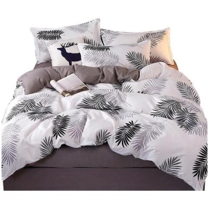 Palm Leaves Pattern Aloe Cotton Flat Sheet Quilt Cover Pillowcases 4pcs Bedding Set (Double)