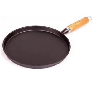 Pre-Seasoned 26cm Cast Iron Fry Pan Cookware Heat-Resistant Wooden Handle