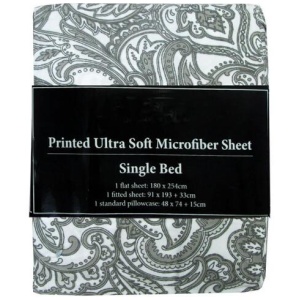Printed Microfiber Sheet Set Single Grey Paisley