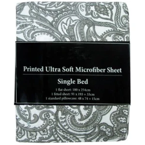 Printed Microfiber Sheet Set Single Grey Paisley