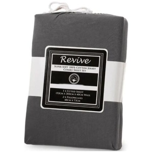 Revive Charcoal 100% Cotton Jersey Super Soft Fitted Sheet Combo Set King Single 35cm Wall