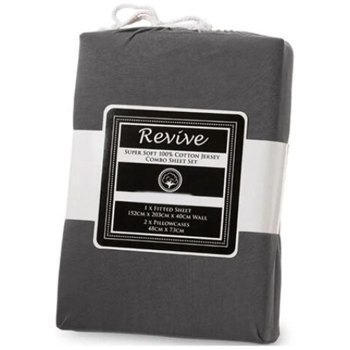 Revive Charcoal 100% Cotton Jersey Super Soft Fitted Sheet Combo Set King Single 35cm Wall