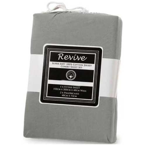 Revive Silver 100% Cotton Jersey Super Soft Fitted Sheet Combo Set King Single 35cm Wall