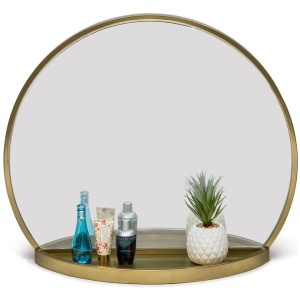 Round Table Wall Mirror with Shelf Storage in Brass Finish