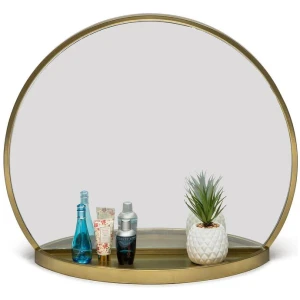 Round Table Wall Mirror with Shelf Storage in Brass Finish