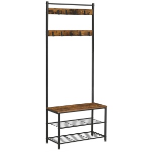 Rustic Brown Coat Rack Stand with Hallway Shoe Rack and Bench with Shelves Matte Metal Frame Height 175 cm