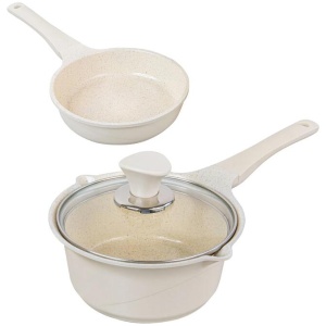 Sauce Pot Frying Pan w/ a Lid Set Non-Stick Stone Induction IH Frypan 16cm IVORY