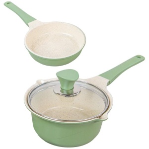 Sauce Pot Frying Pan w/ a Lid Set Non-Stick Stone Induction IH Frypan 16cm OLIVE