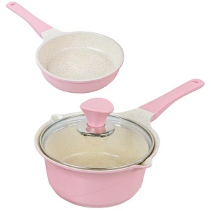Sauce Pot Frying Pan w/ a Lid Set Non-Stick Stone Induction IH Frypan 16cm PINK
