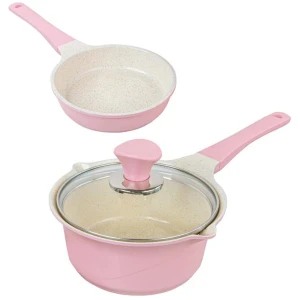 Sauce Pot Frying Pan w/ a Lid Set Non-Stick Stone Induction IH Frypan 16cm PINK