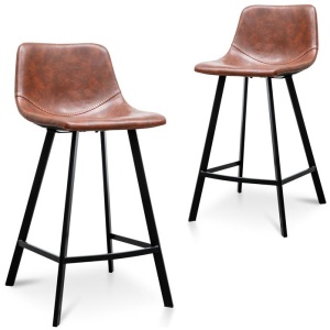 Set Of 2 - Duke 65cm Bar Stool - Cinnamon Brown PU Leather by Interior Secrets - AfterPay Available
