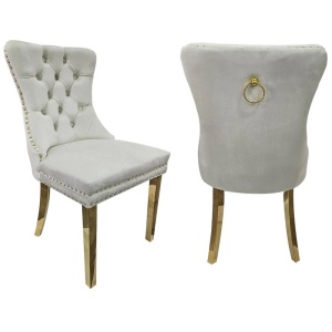 Set of 2 -Alsea Beige Velvet & Gold Polished Steel Dining Chairs Upholstered Tufted Stud Trim and Ring