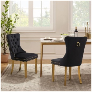 Set of 2 -Alsea Black Velvet & Gold Polished Steel Dining Chairs Upholstered Tufted Stud Trim and Ring