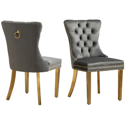 Set of 2 -Alsea Dark Grey Velvet & Gold Polished Steel Dining Chairs Upholstered Tufted Stud Trim and Ring