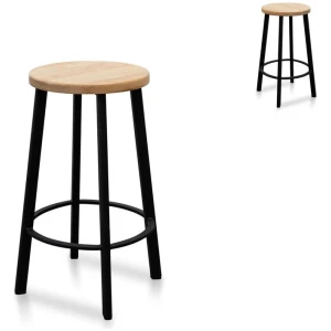 Set of 2 - James 65cm Bar Stool - Natural Timber Seat and Black Frame by Interior Secrets - AfterPay Available