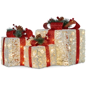 Swishmas 3 Piece Christmas Present Display Set With Lights & Red Bows
