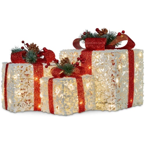 Swishmas 3 Piece Christmas Present Display Set With Lights & Red Bows