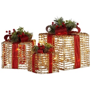 Swishmas Set Of 3 Christmas Gift Boxes With Lights - Champagne With Red Bows