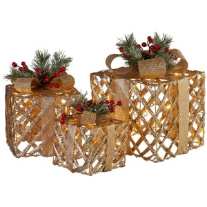 Swishmas Set of 3 Christmas Gift Boxes Display With Lights in Champagne and Gold