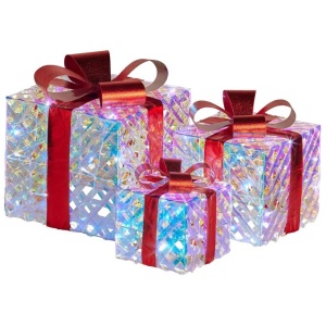 Swishmas Set of 3 Christmas Gift Boxes With Lights - Clear Shimmer With Red Bows