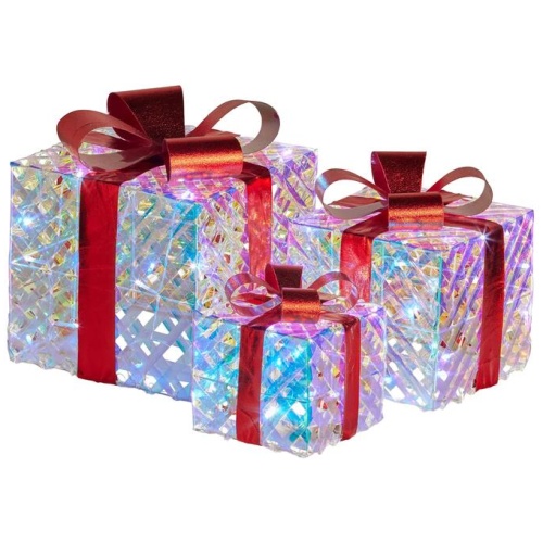 Swishmas Set of 3 Christmas Gift Boxes With Lights - Clear Shimmer With Red Bows