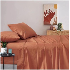 Vintage Washed 100% Cotton Soft Breathable Sheet Set - Brick - King Single