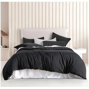 Vintage Washed Microfibre Quilt Cover Set (3Pcs) - Black - King Size