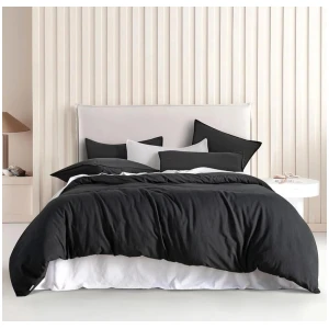 Vintage Washed Microfibre Quilt Cover Set (3Pcs) - Black - Super King Size
