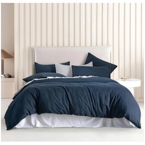 Vintage Washed Microfibre Quilt Cover Set (3Pcs) - Navy - Super King Size