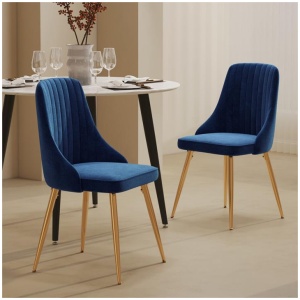 Viva Forever Set of 2 Blue Velvet Dining Chairs Art Deco Design with Gold Metal Legs