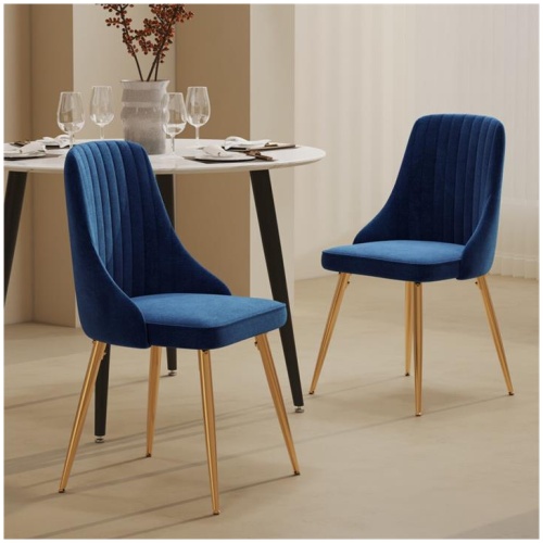 Viva Forever Set of 2 Blue Velvet Dining Chairs Art Deco Design with Gold Metal Legs