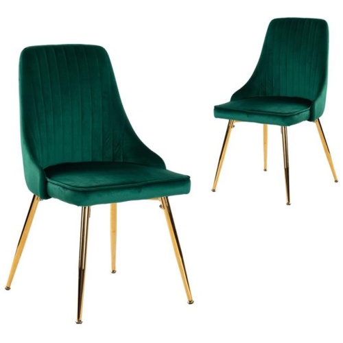 Viva Forever Set of 2 Green Velvet Dining Chairs-Art Deco Design with Gold Metal Legs