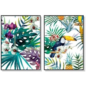Wall Art 100cmx150cm Toucan and orchid 2 Sets Black Frame Canvas