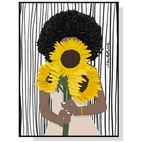 Wall Art 40cmx60cm African Woman Sunflower Black Frame Canvas